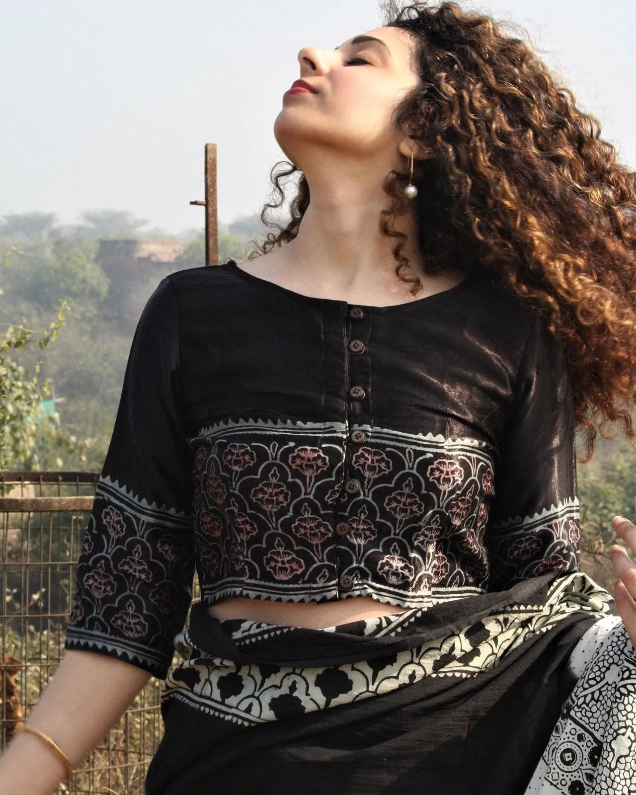 Black Blockprinted Crop Top Mashru Silk Blouse