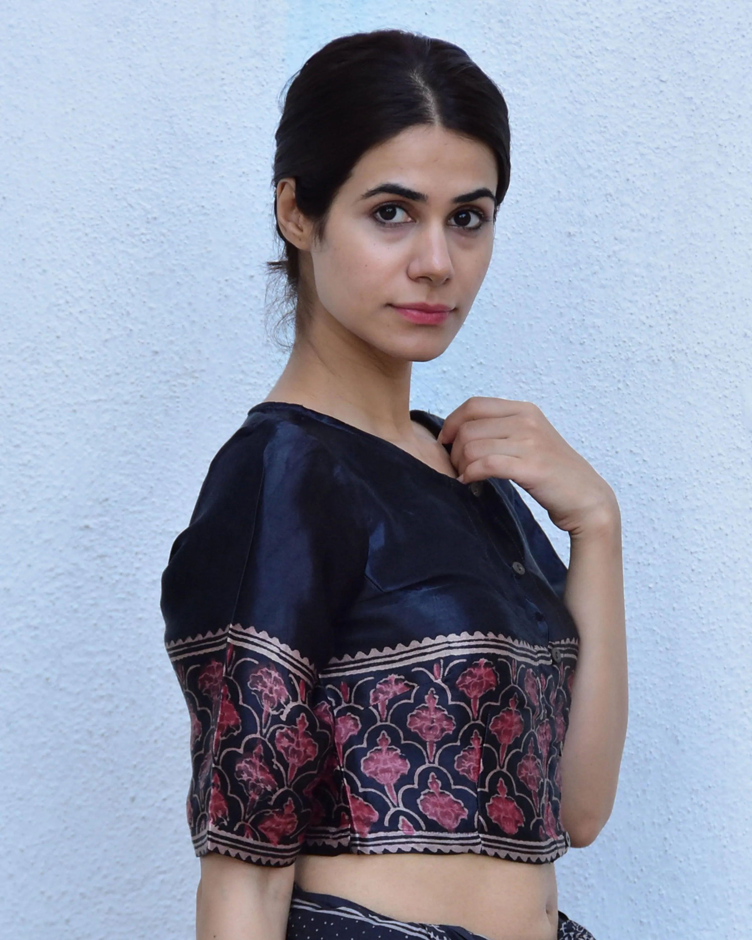 Black Blockprinted Crop Top Mashru Silk Blouse