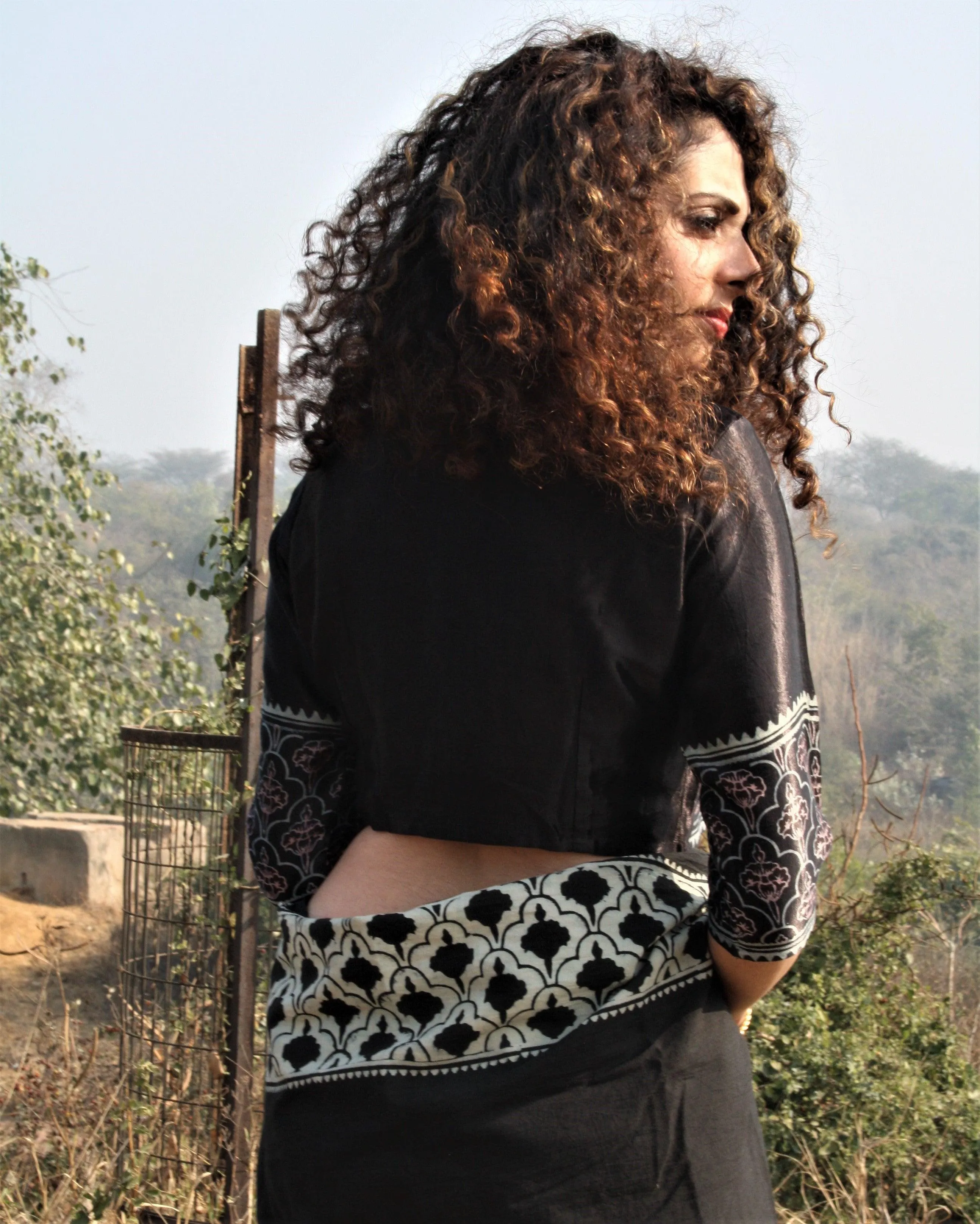Black Blockprinted Crop Top Mashru Silk Blouse