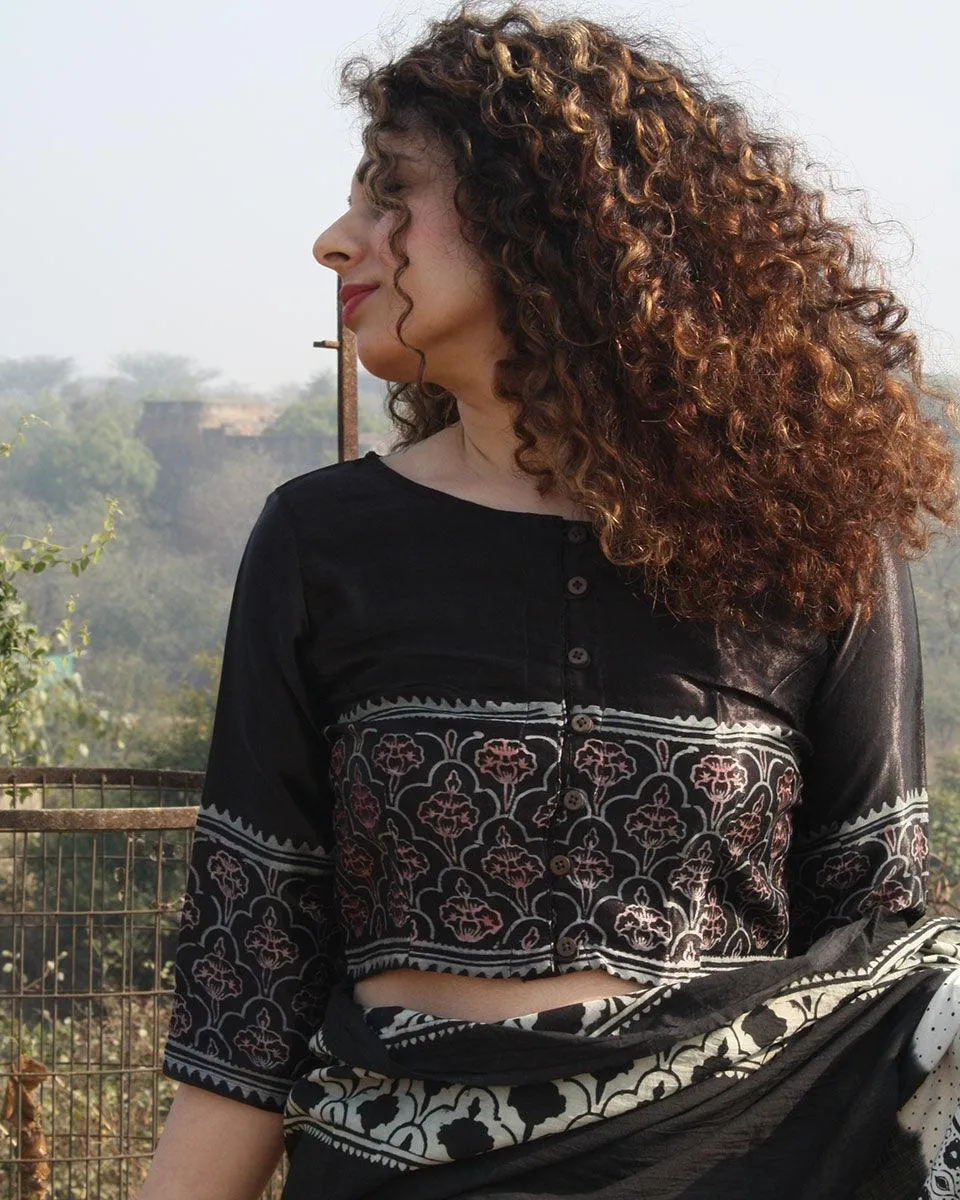 Black Blockprinted Crop Top Mashru Silk Blouse