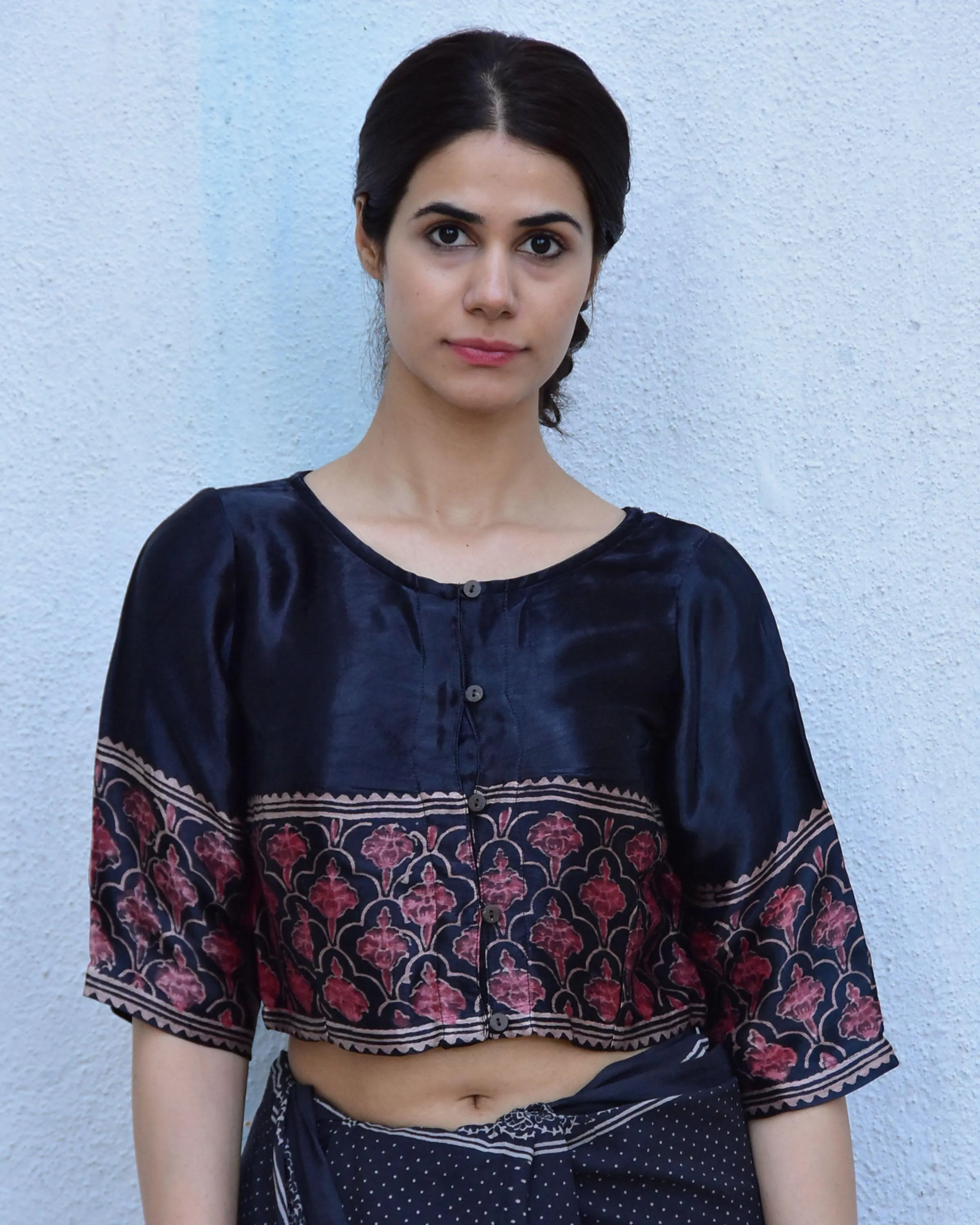 Black Blockprinted Crop Top Mashru Silk Blouse