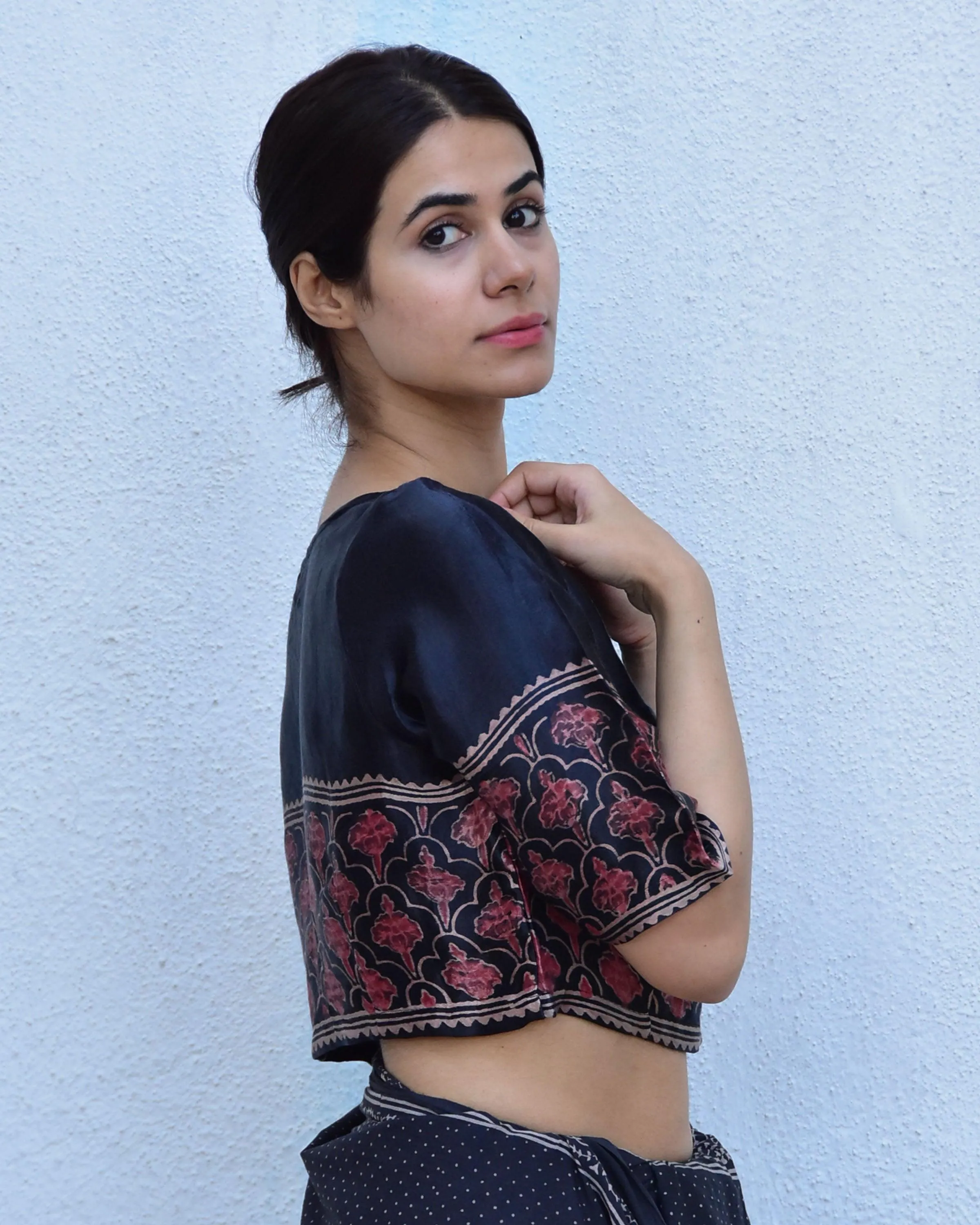 Black Blockprinted Crop Top Mashru Silk Blouse