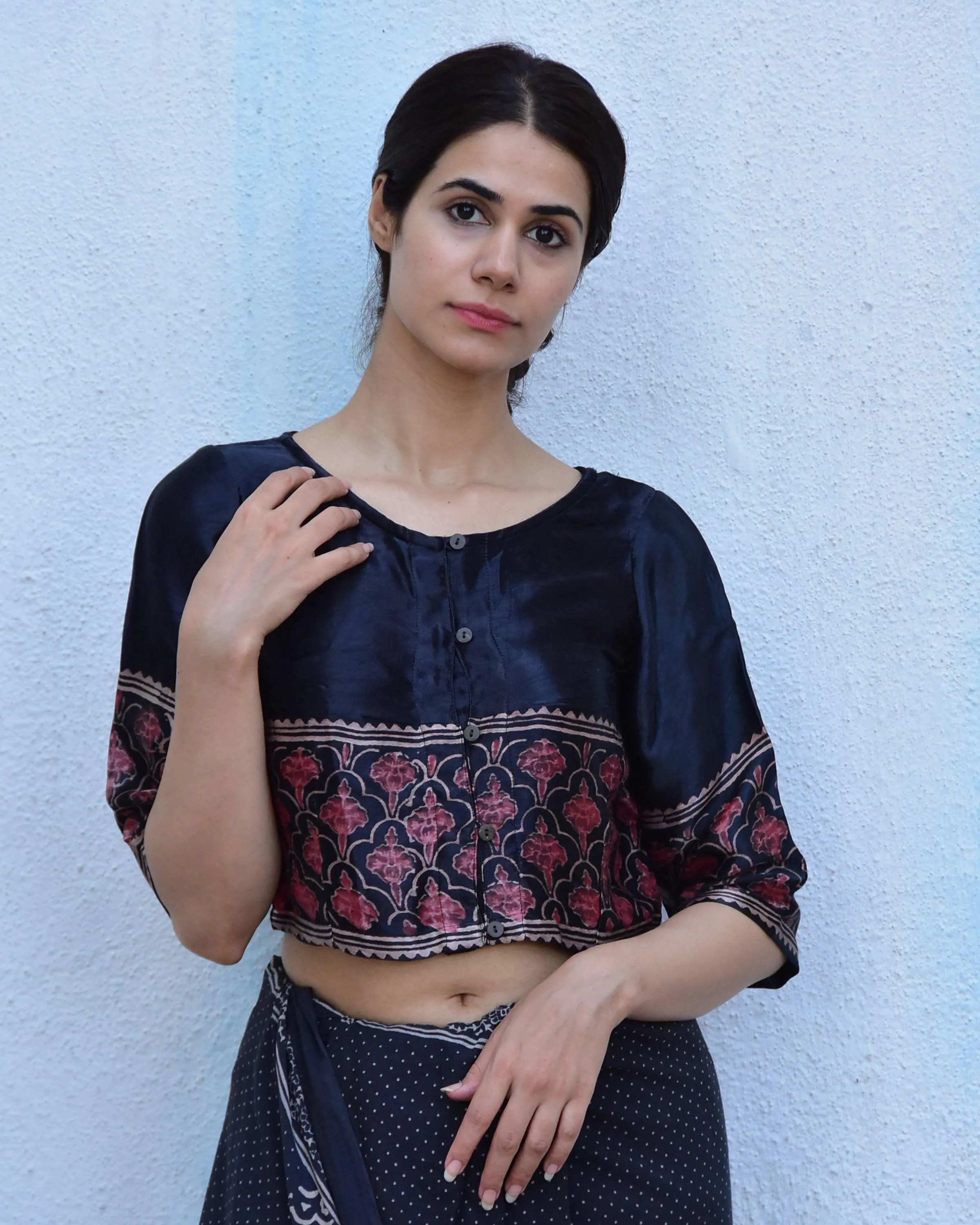 Black Blockprinted Crop Top Mashru Silk Blouse