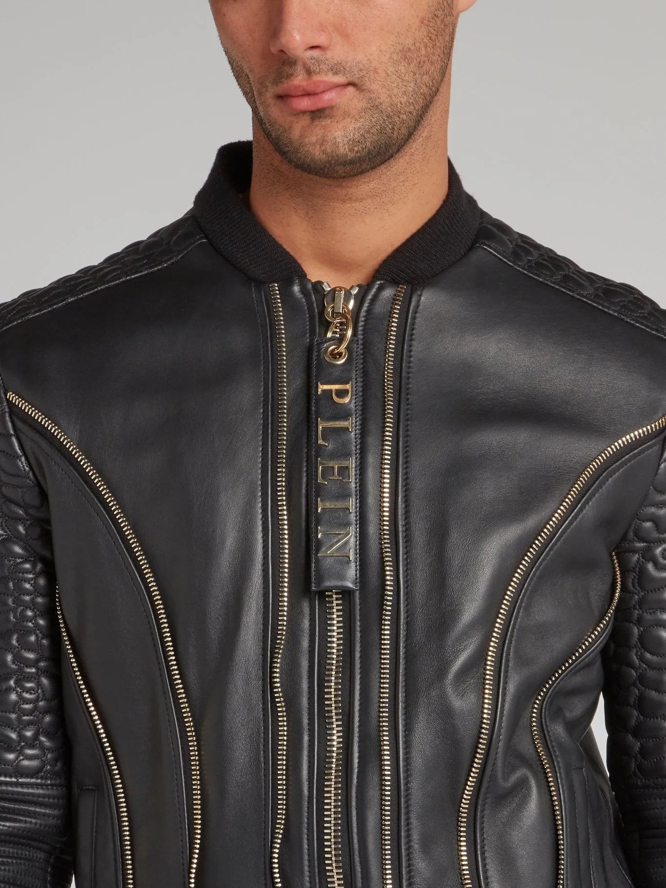 Black Crocodile Effect Leather Bomber Jacket