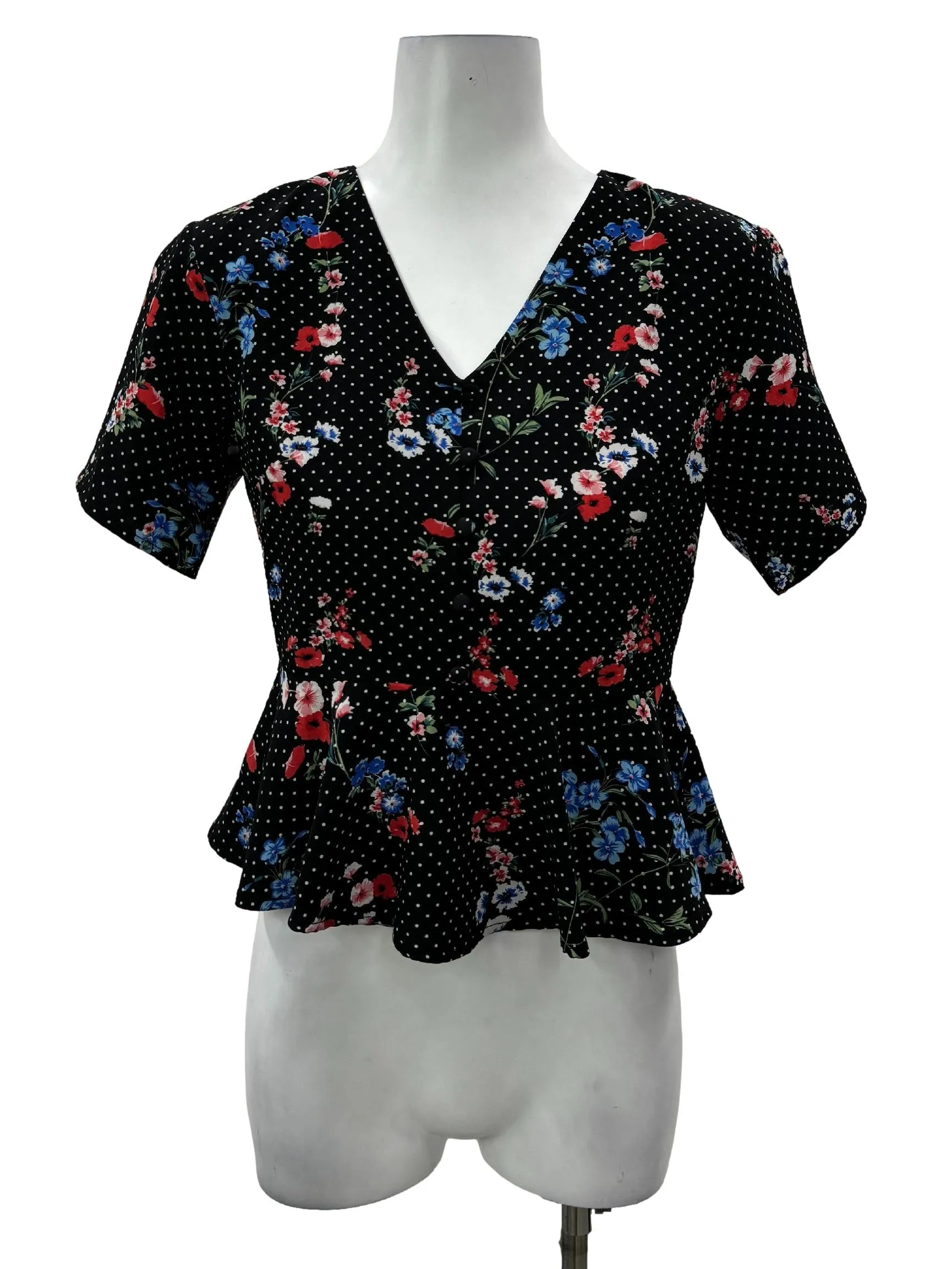 Black Floral V Peplum Top