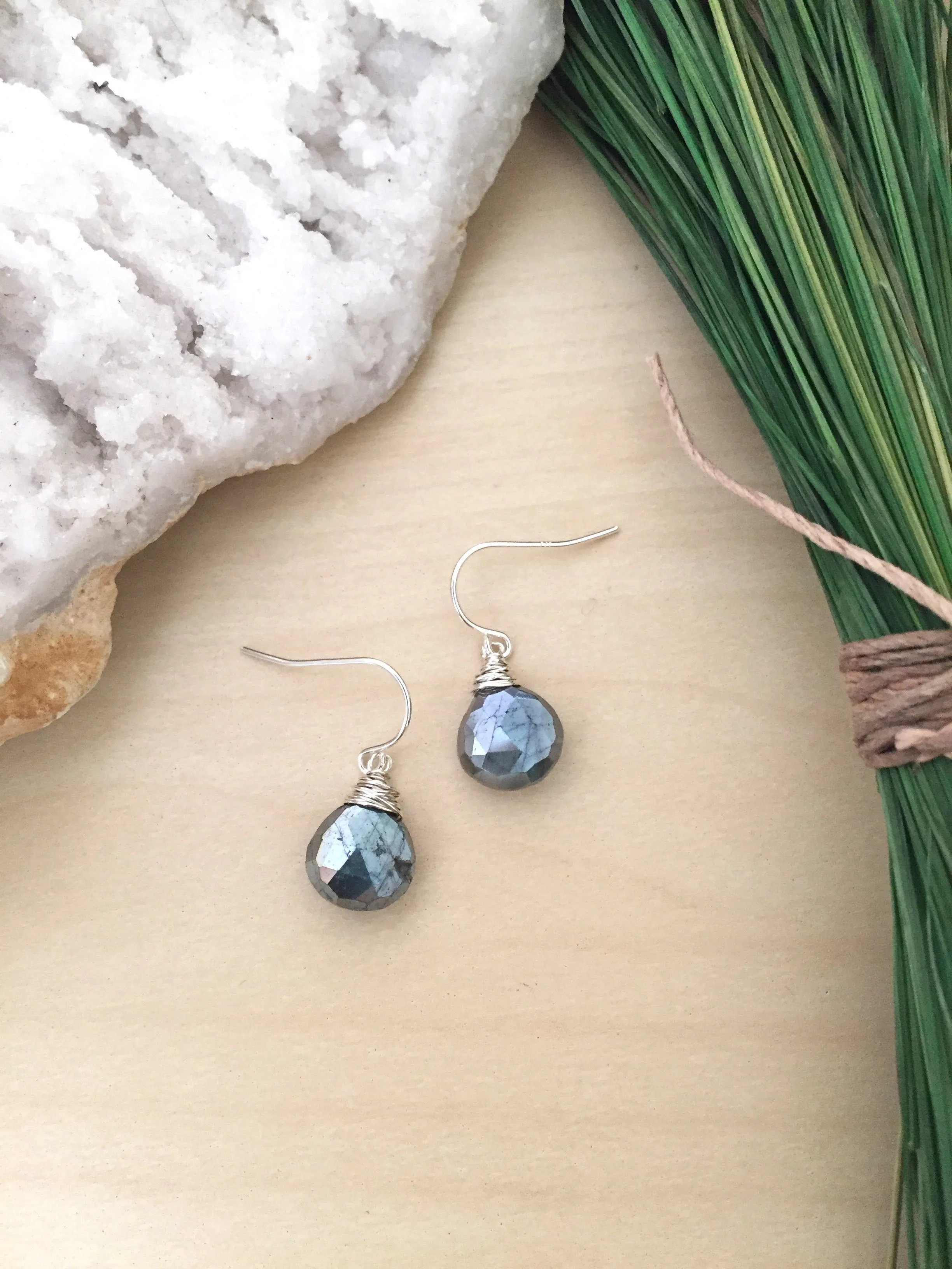 Black Labradorite Gemstone Drop Earrings - Metallic Black Gemstones Wire Wrapped in Sterling silver