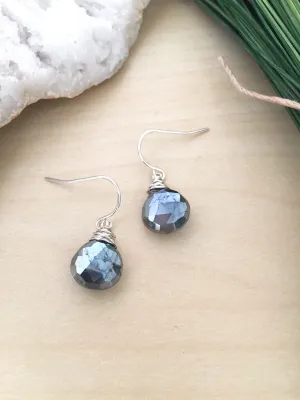 Black Labradorite Gemstone Drop Earrings - Metallic Black Gemstones Wire Wrapped in Sterling silver