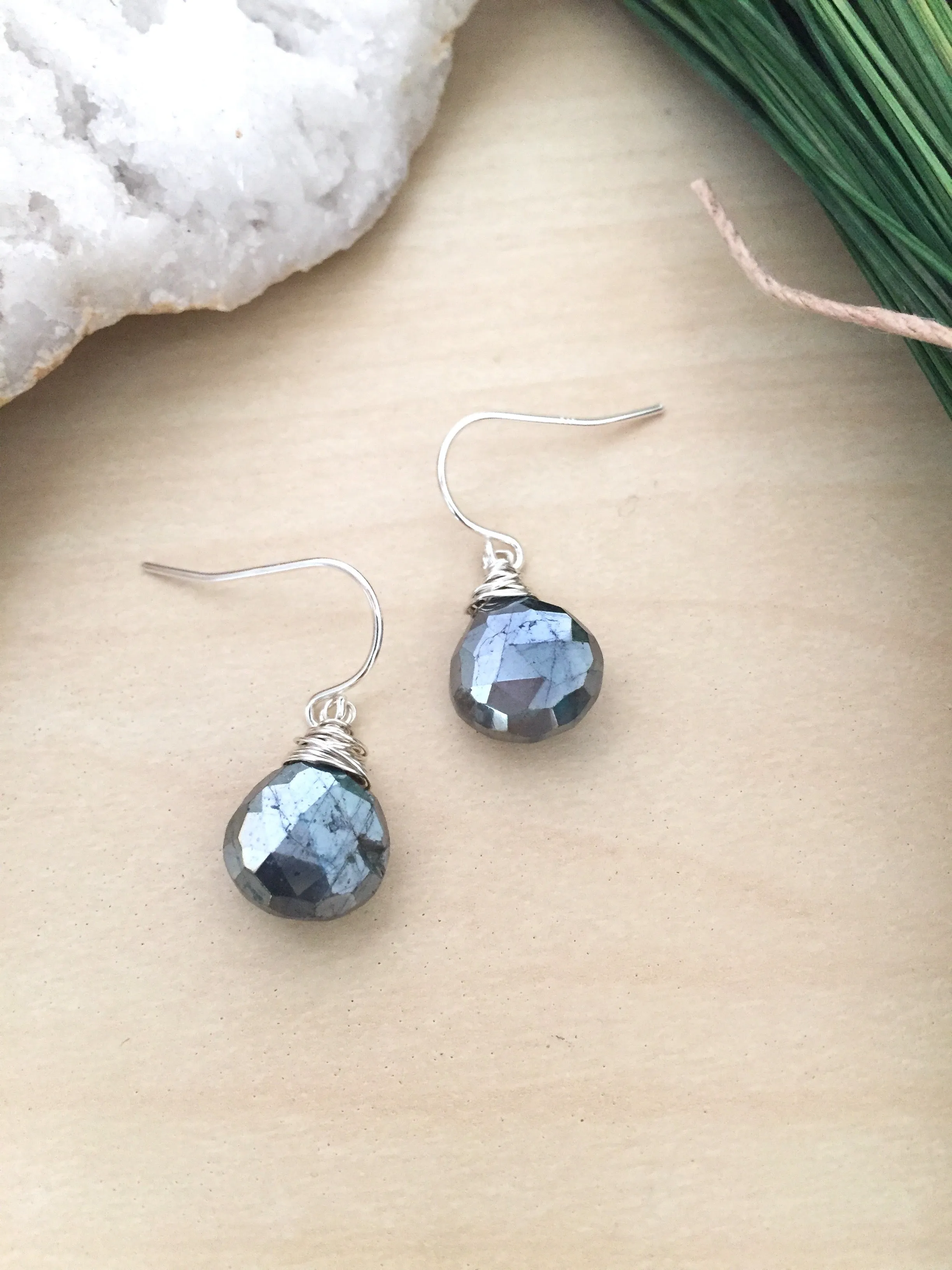 Black Labradorite Gemstone Drop Earrings - Metallic Black Gemstones Wire Wrapped in Sterling silver