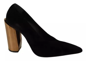 Black Leather Suede Block Heels Pumps Shoes