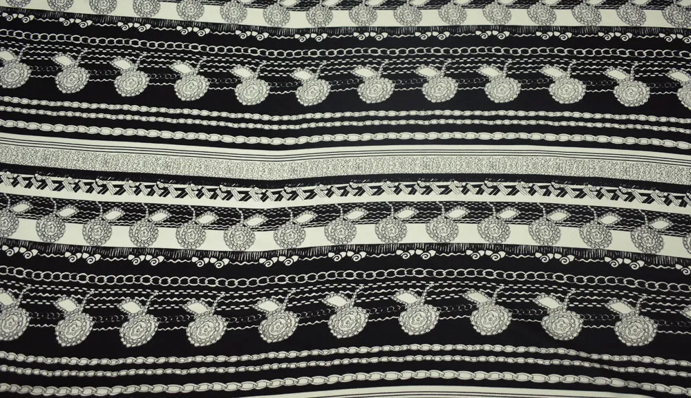 Black-Off White Striped Abstract Chain Floral Print Silk Jersey Knit Fabric
