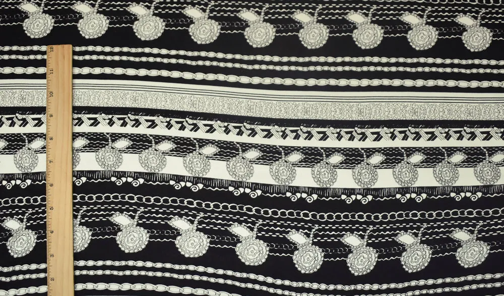 Black-Off White Striped Abstract Chain Floral Print Silk Jersey Knit Fabric