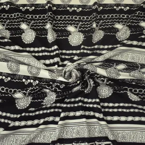 Black-Off White Striped Abstract Chain Floral Print Silk Jersey Knit Fabric