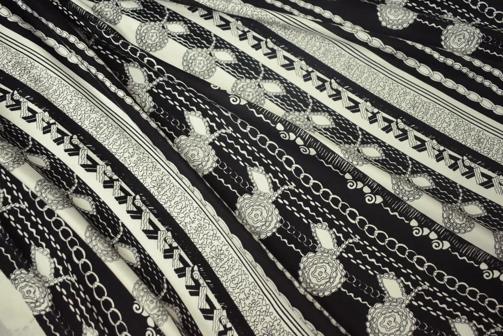 Black-Off White Striped Abstract Chain Floral Print Silk Jersey Knit Fabric