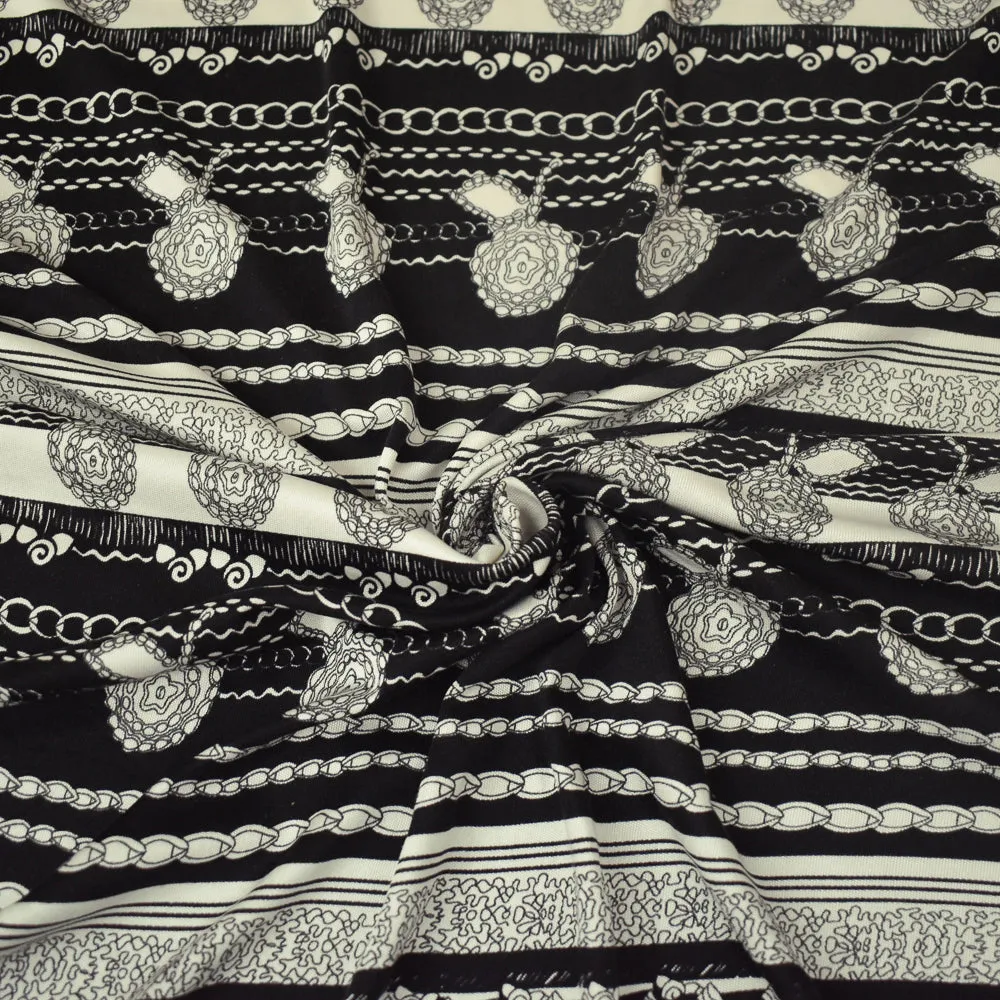 Black-Off White Striped Abstract Chain Floral Print Silk Jersey Knit Fabric