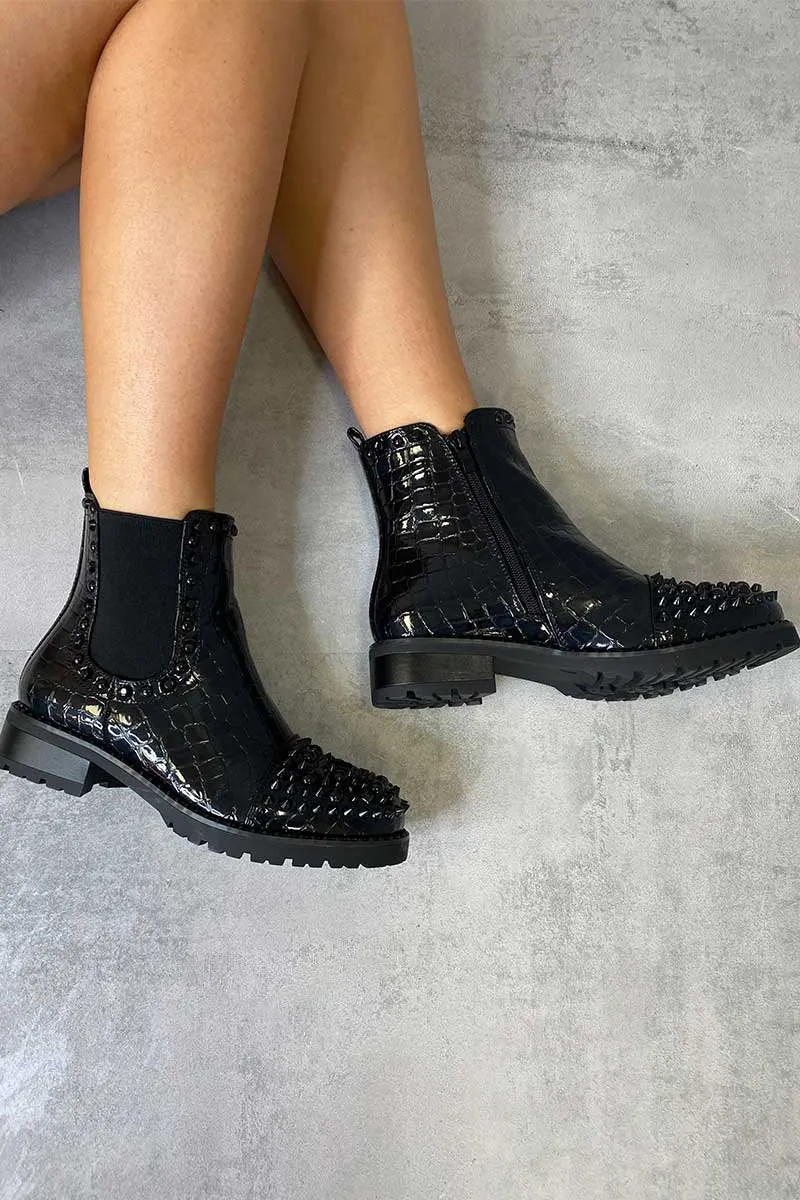 Black Patent Croc Stud Chelsea Boots - Taegan