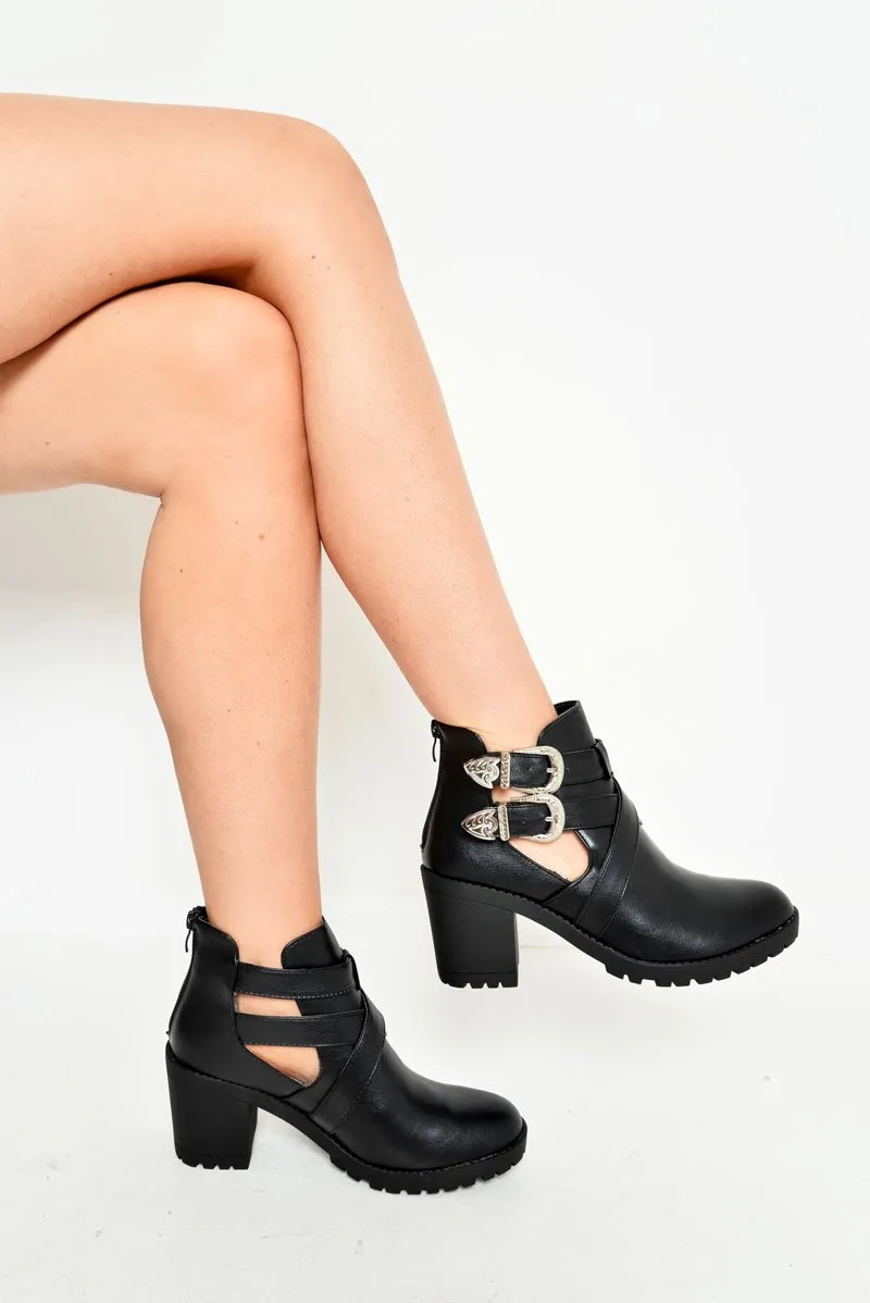 Black PU Cut Out Buckle Ankle Boots - Gracelin