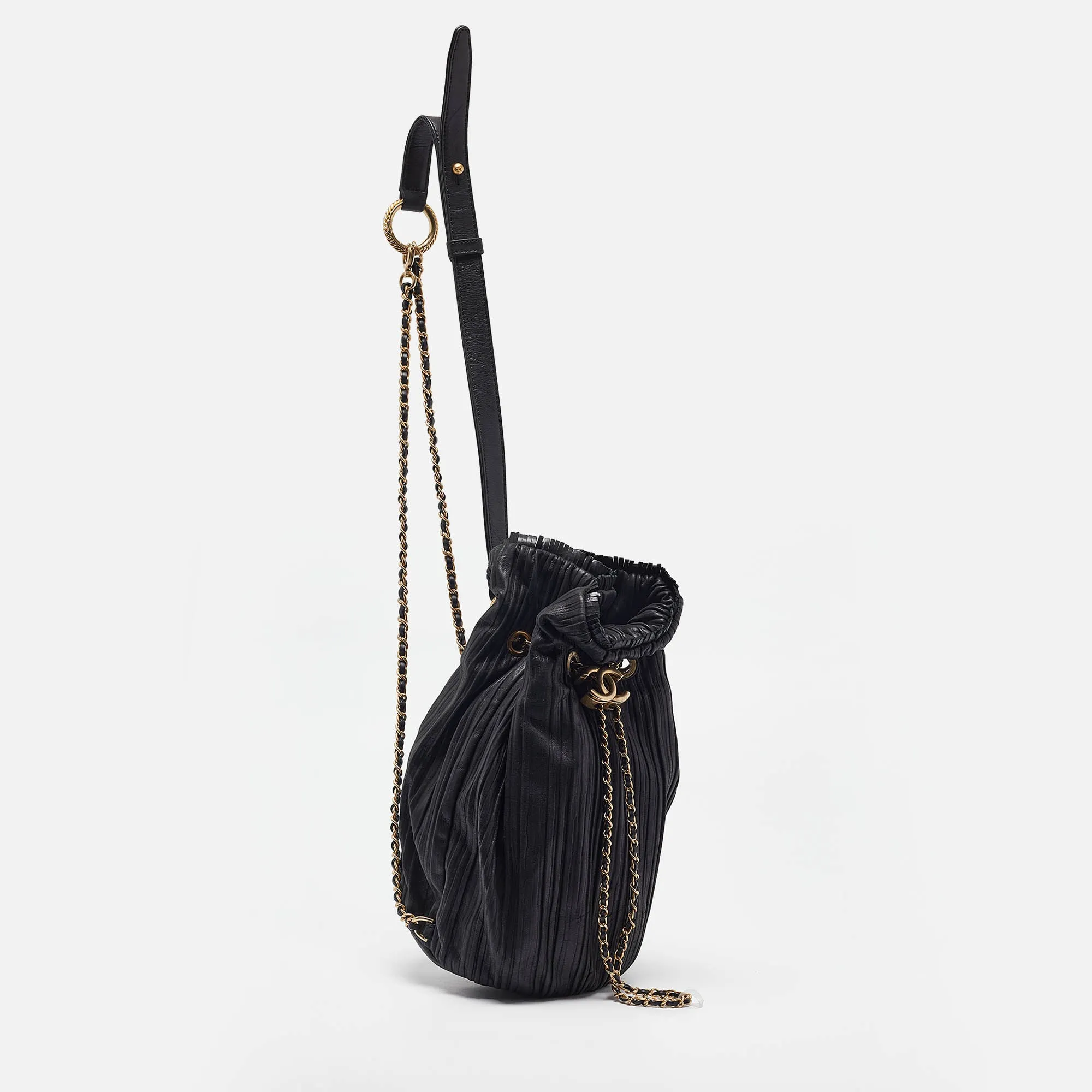 Black Shimmer Leather Coco Pleats Sling Backpack