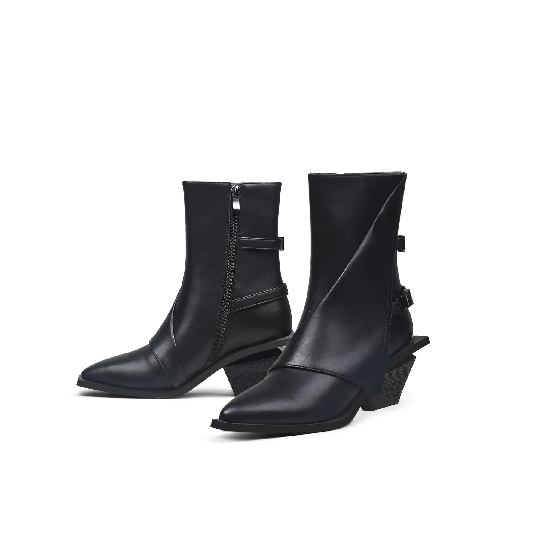 Block Heel Leather Ankle Bootie - Black