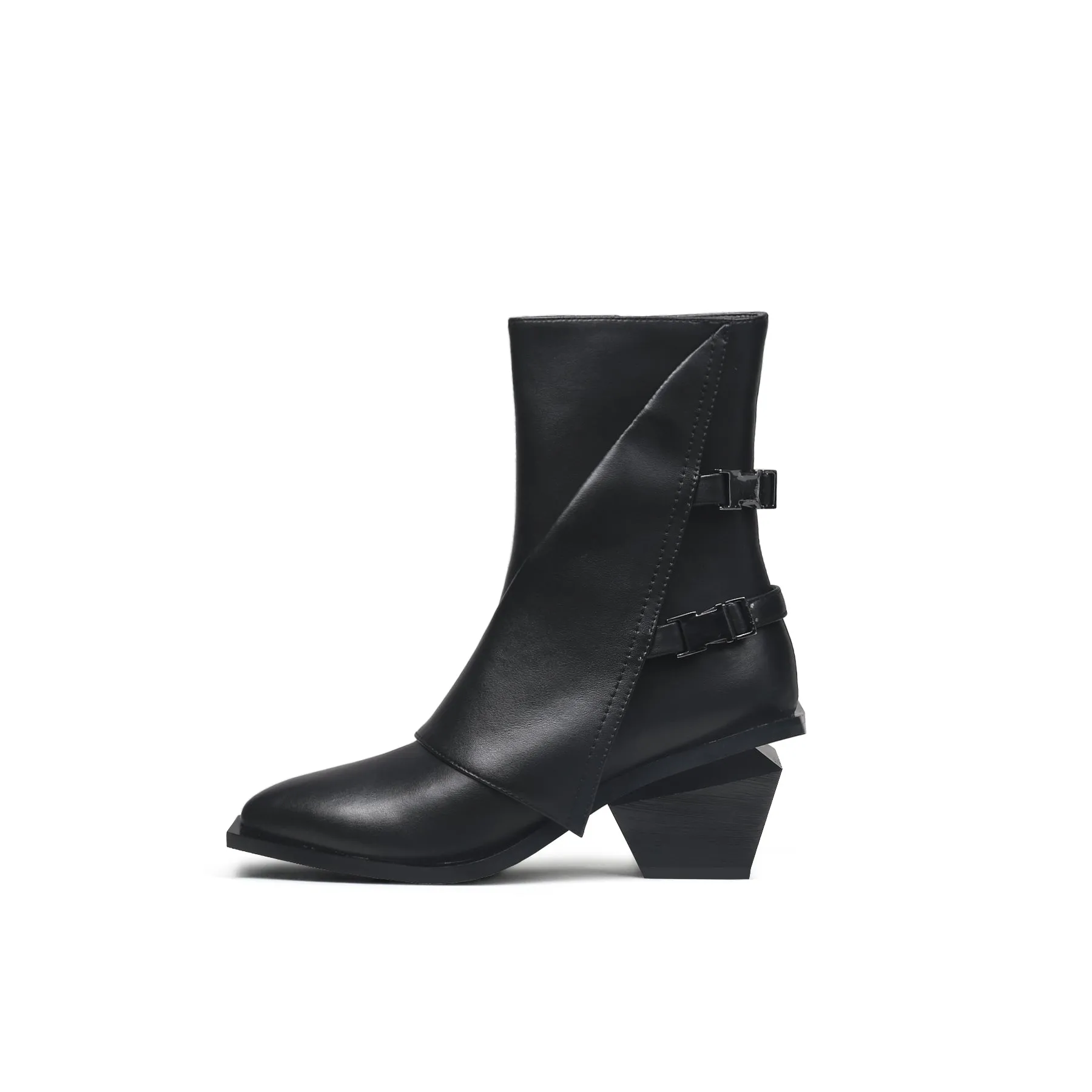 Block Heel Leather Ankle Bootie - Black