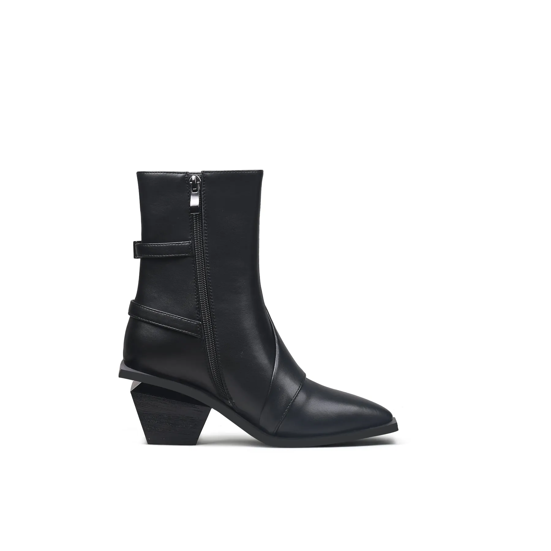 Block Heel Leather Ankle Bootie - Black
