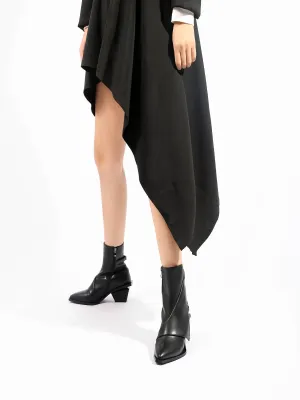 Block Heel Leather Ankle Bootie - Black