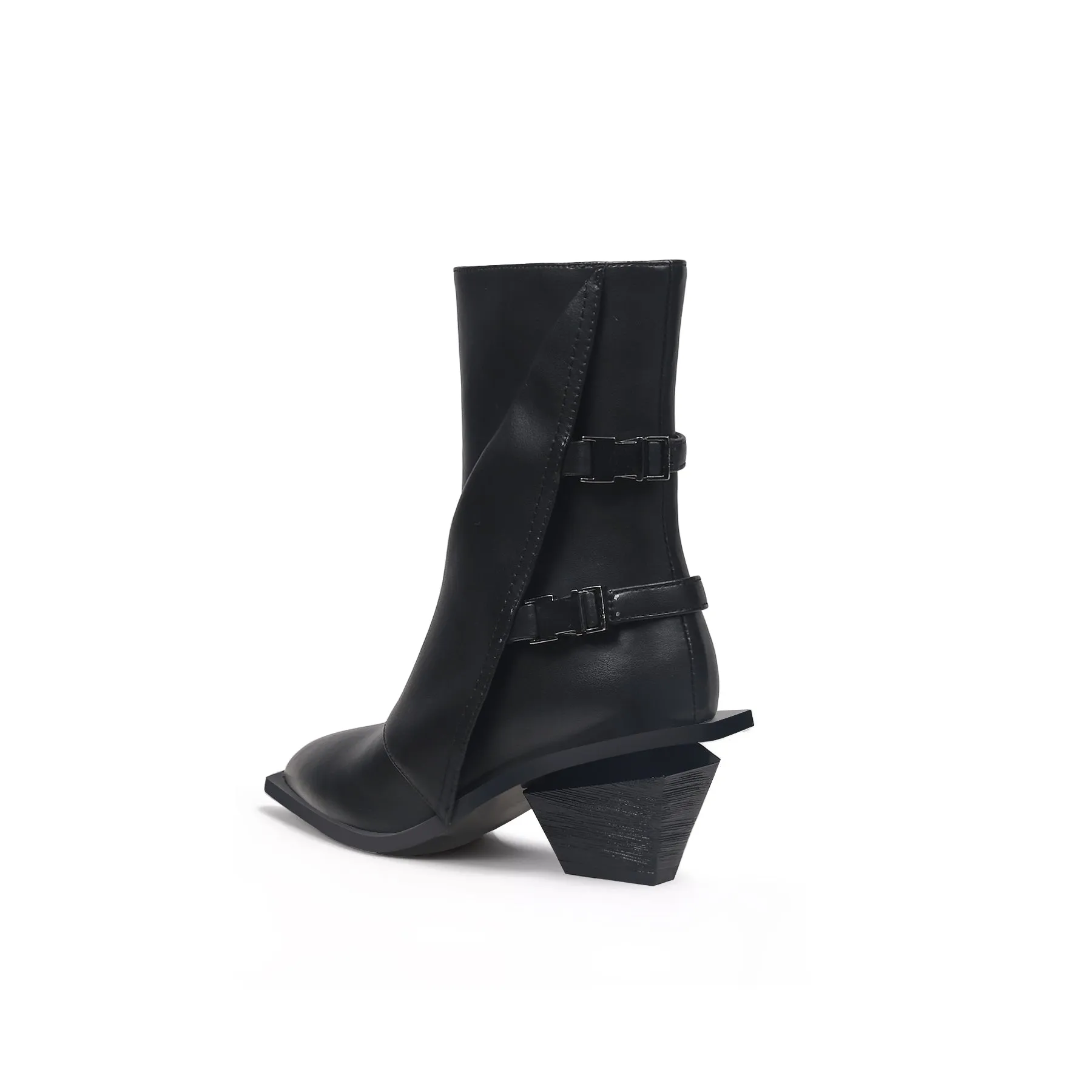 Block Heel Leather Ankle Bootie - Black