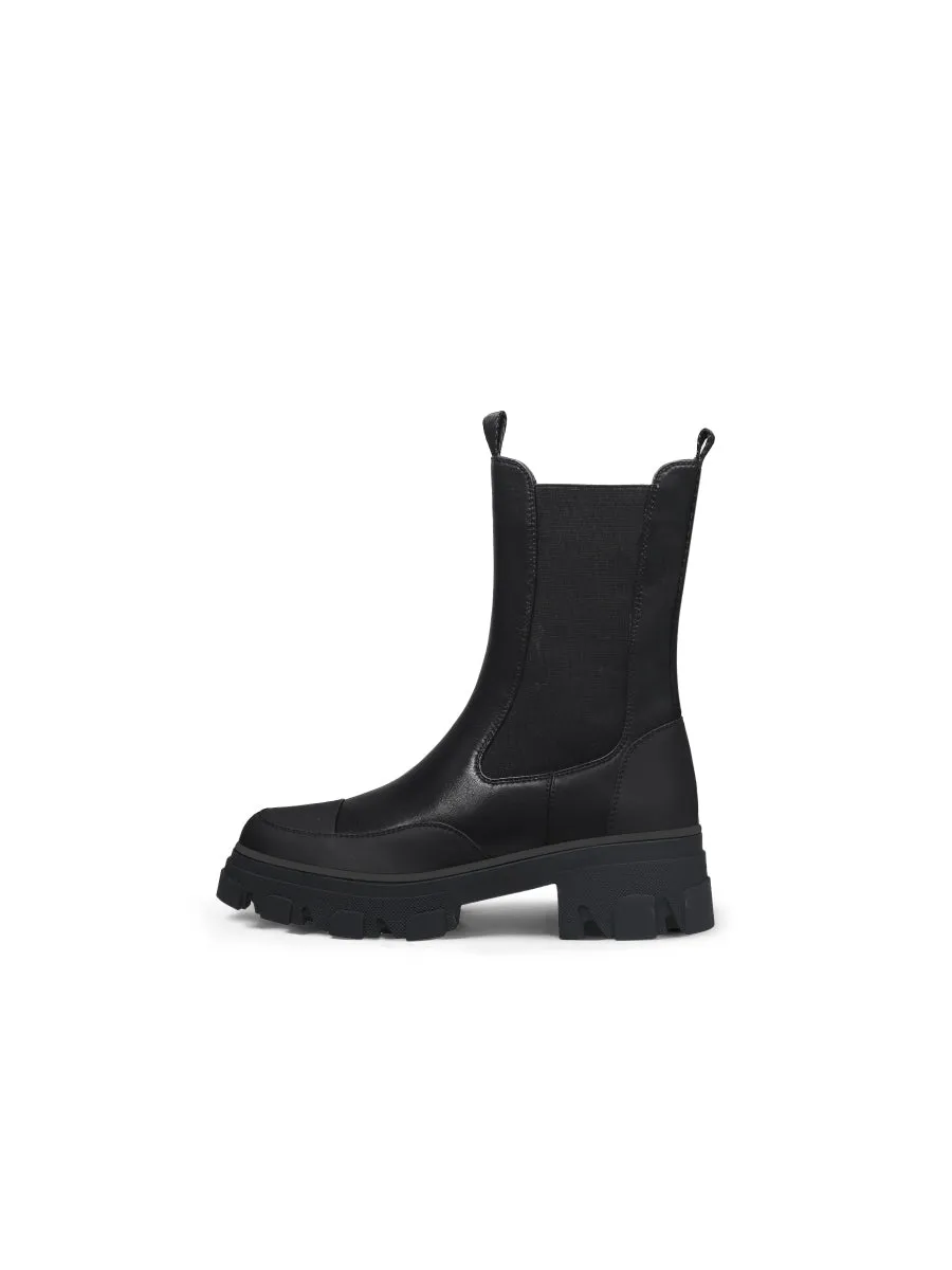 Block Heel Mid-Length Black Leather Chelsea Boot