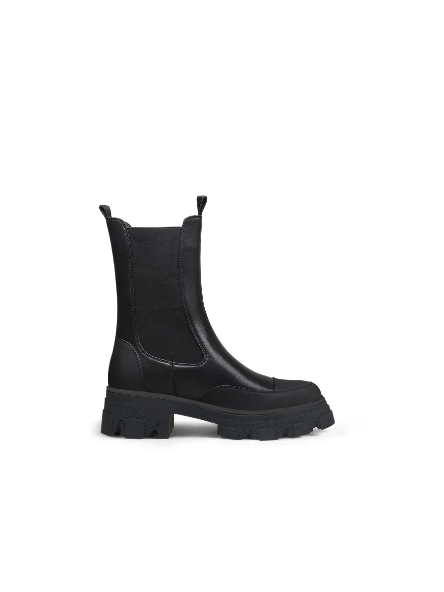 Block Heel Mid-Length Black Leather Chelsea Boot
