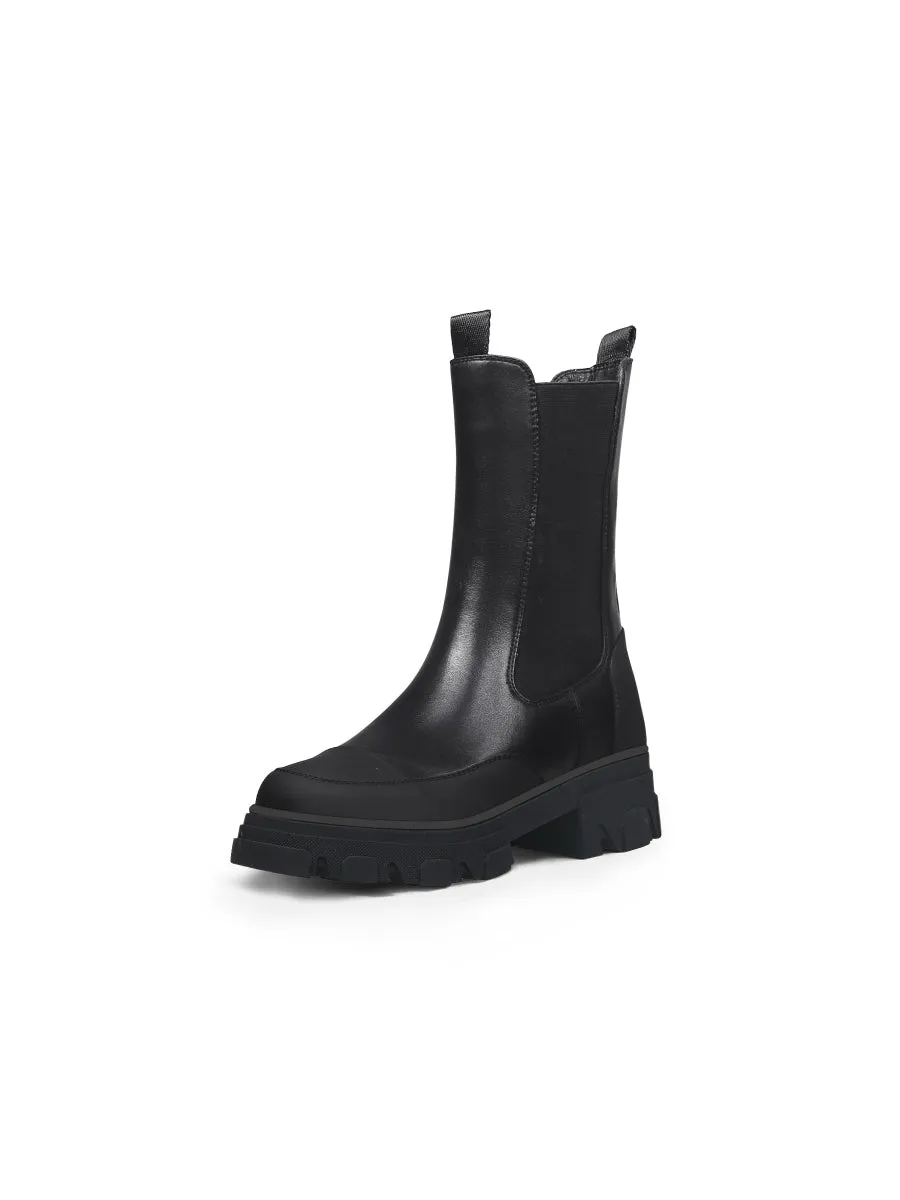 Block Heel Mid-Length Black Leather Chelsea Boot