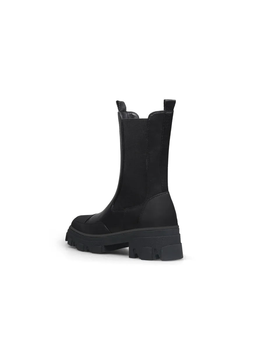 Block Heel Mid-Length Black Leather Chelsea Boot