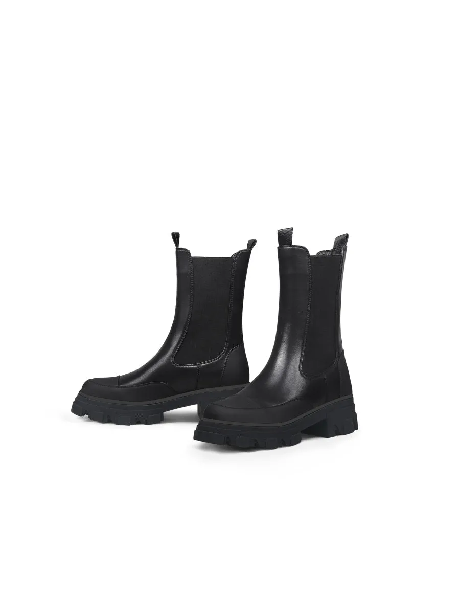 Block Heel Mid-Length Black Leather Chelsea Boot