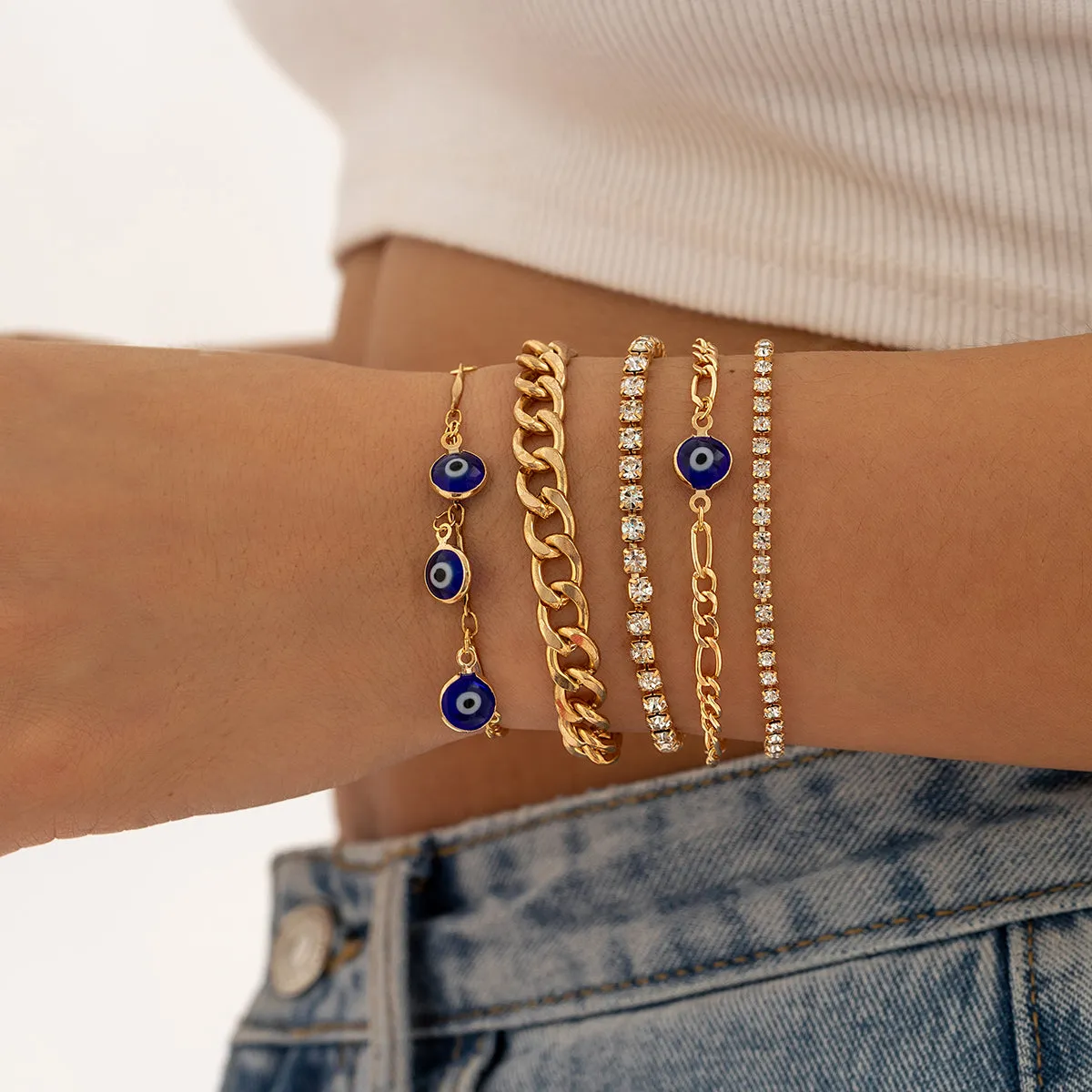 Blue & Cubic Zirconia Eyes Charm Bracelet Set