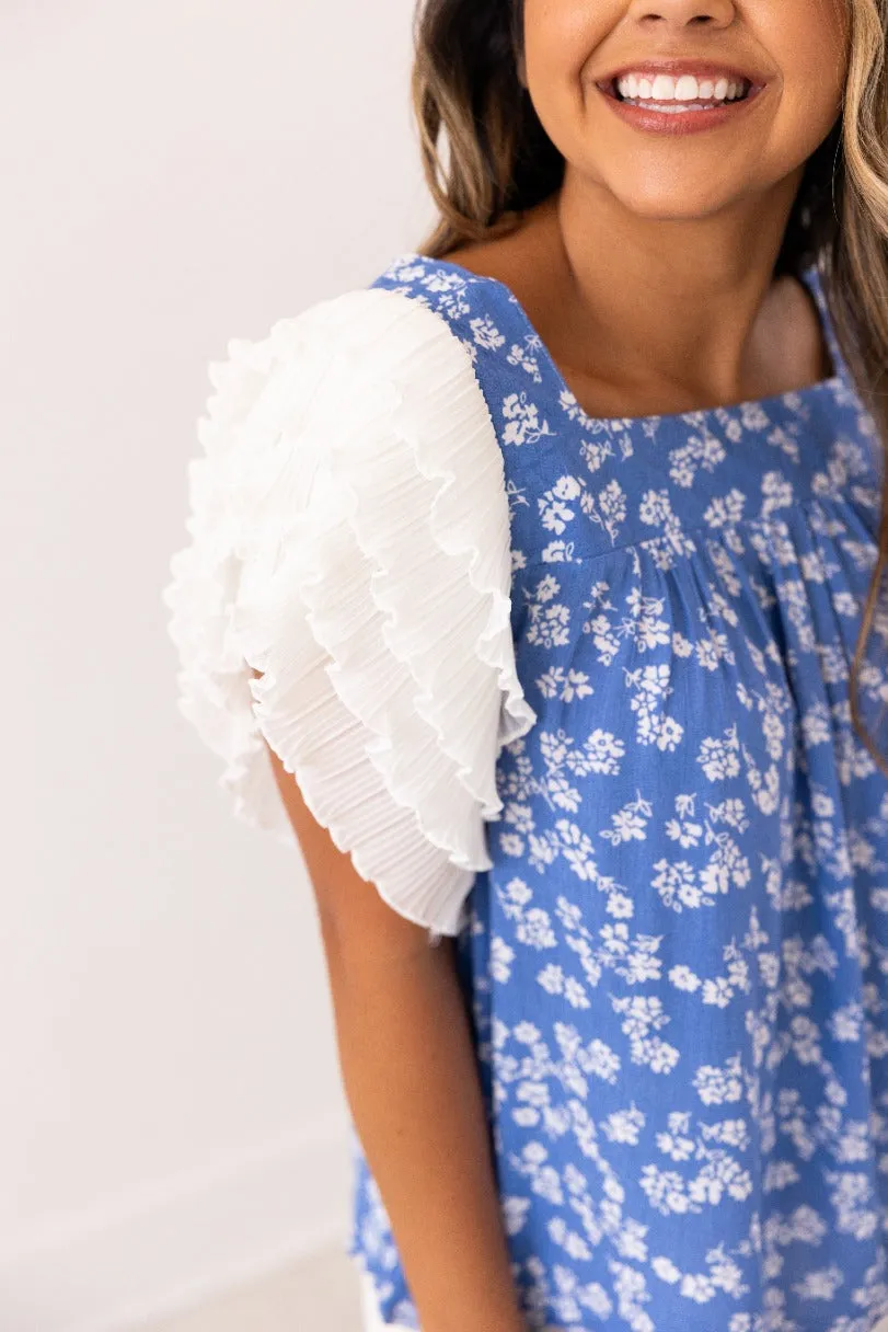 Blue Floral Blouse Ruffle Sleeve
