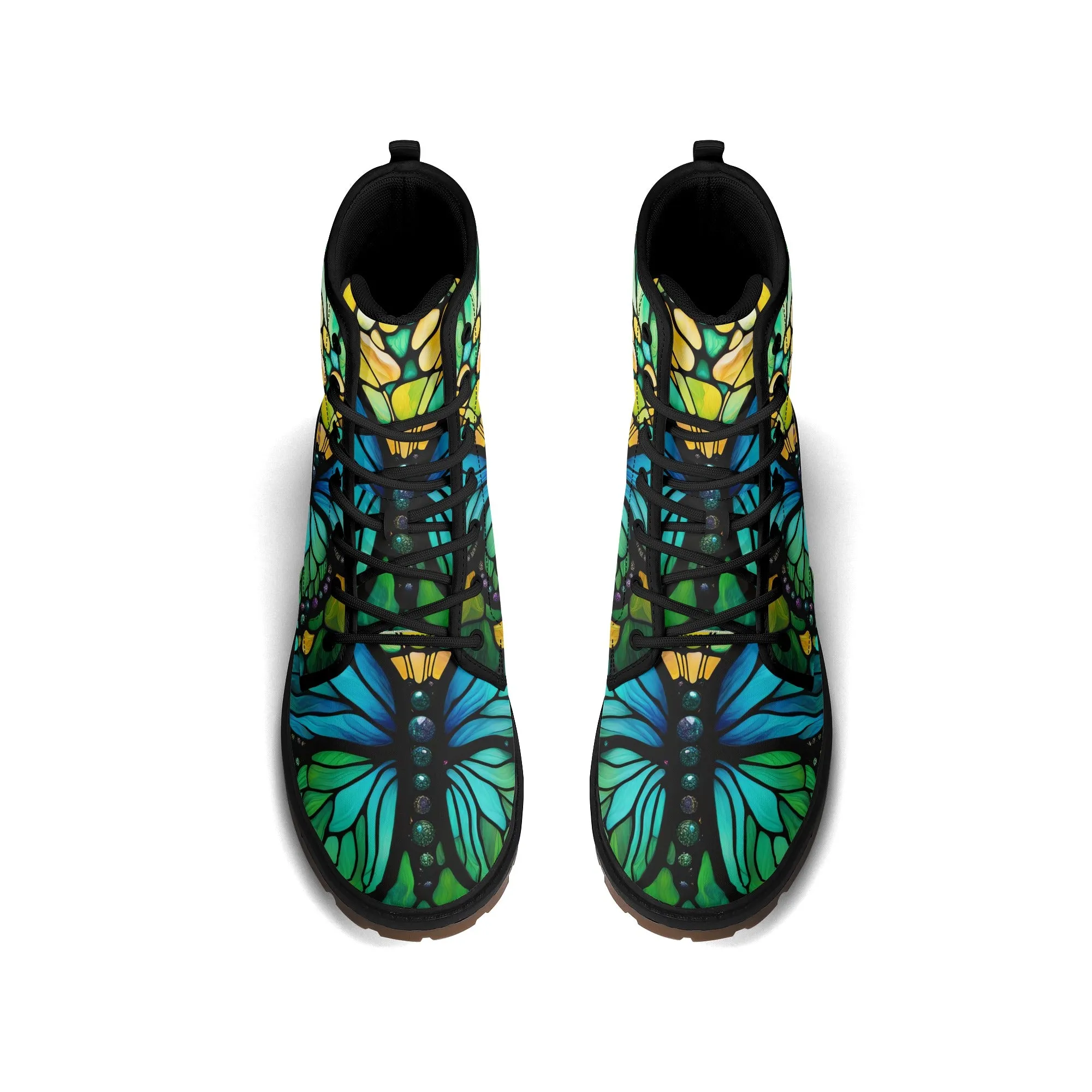 Blue Green Butterfly Stained Glass Womens Combat Boots