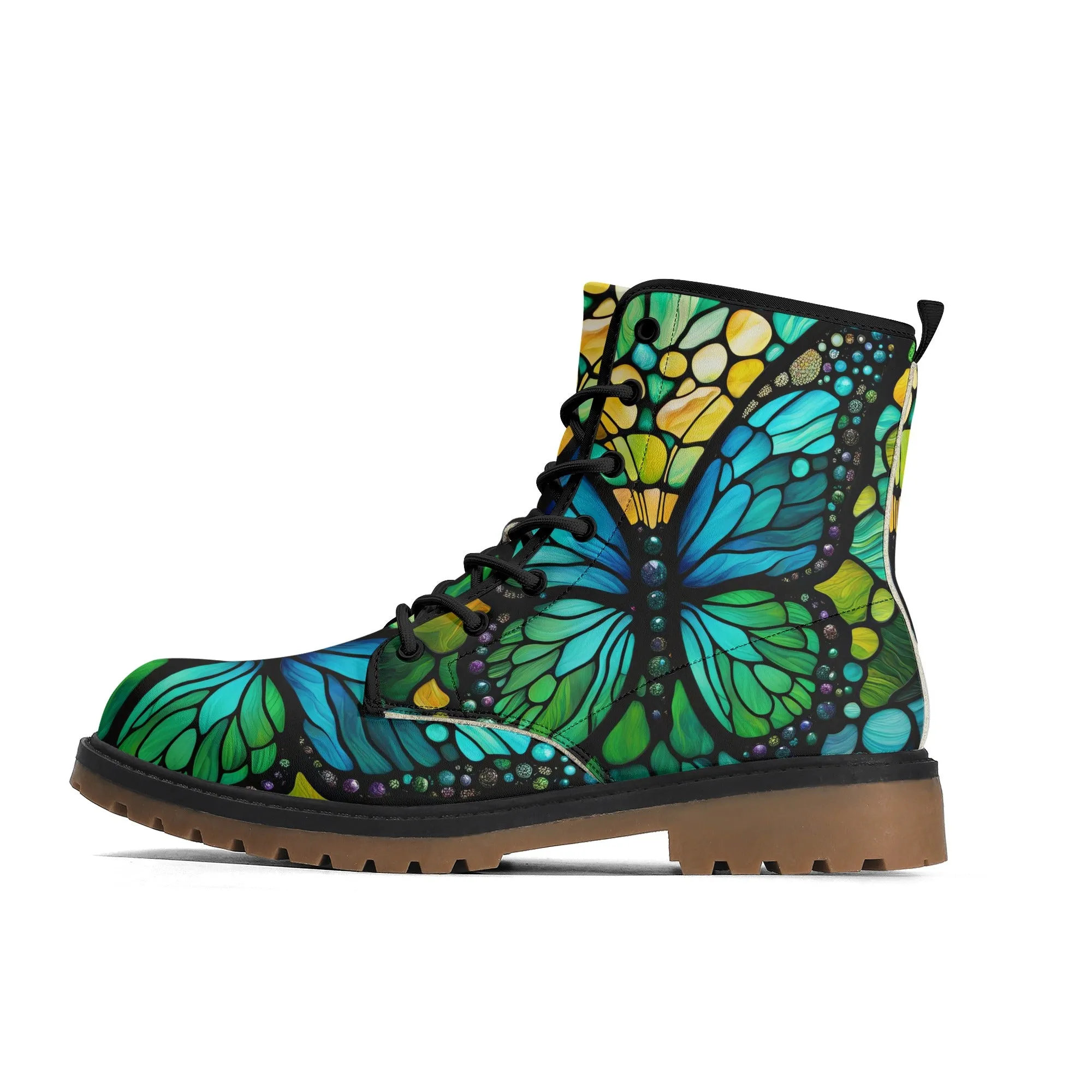 Blue Green Butterfly Stained Glass Womens Combat Boots