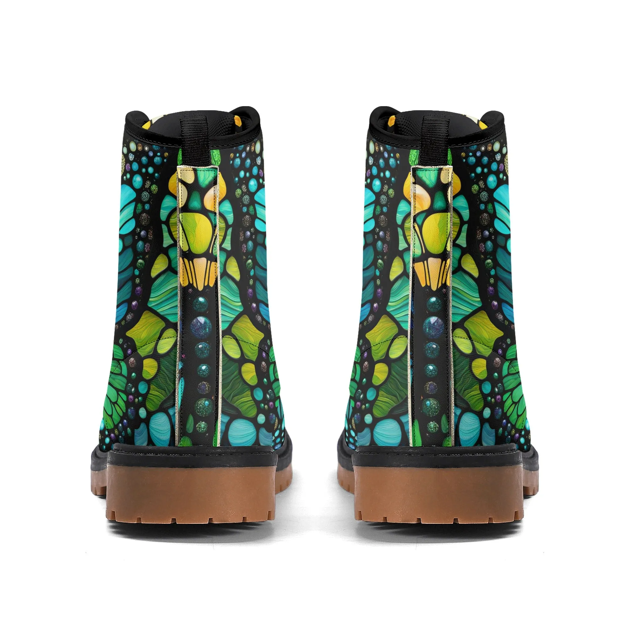 Blue Green Butterfly Stained Glass Womens Combat Boots