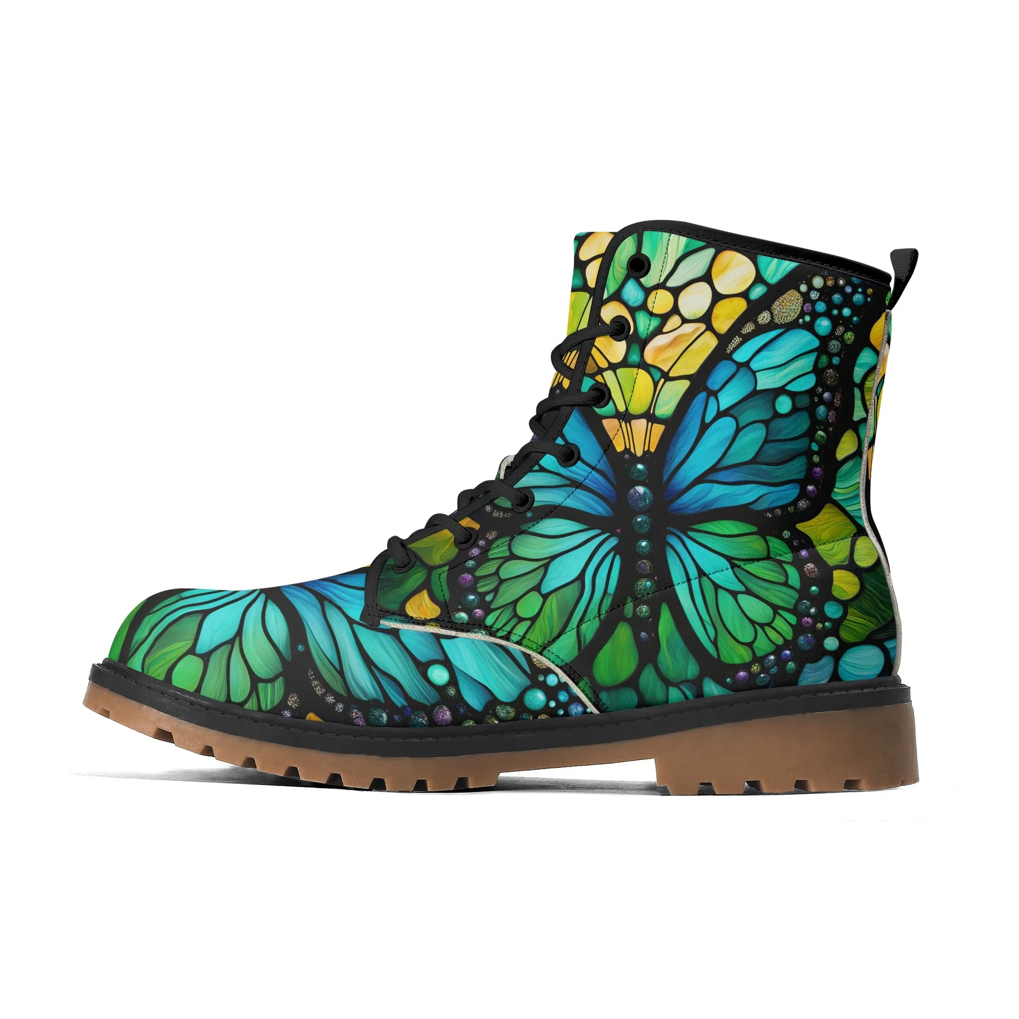 Blue Green Butterfly Stained Glass Womens Combat Boots