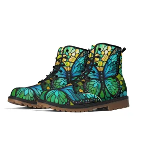 Blue Green Butterfly Stained Glass Womens Combat Boots