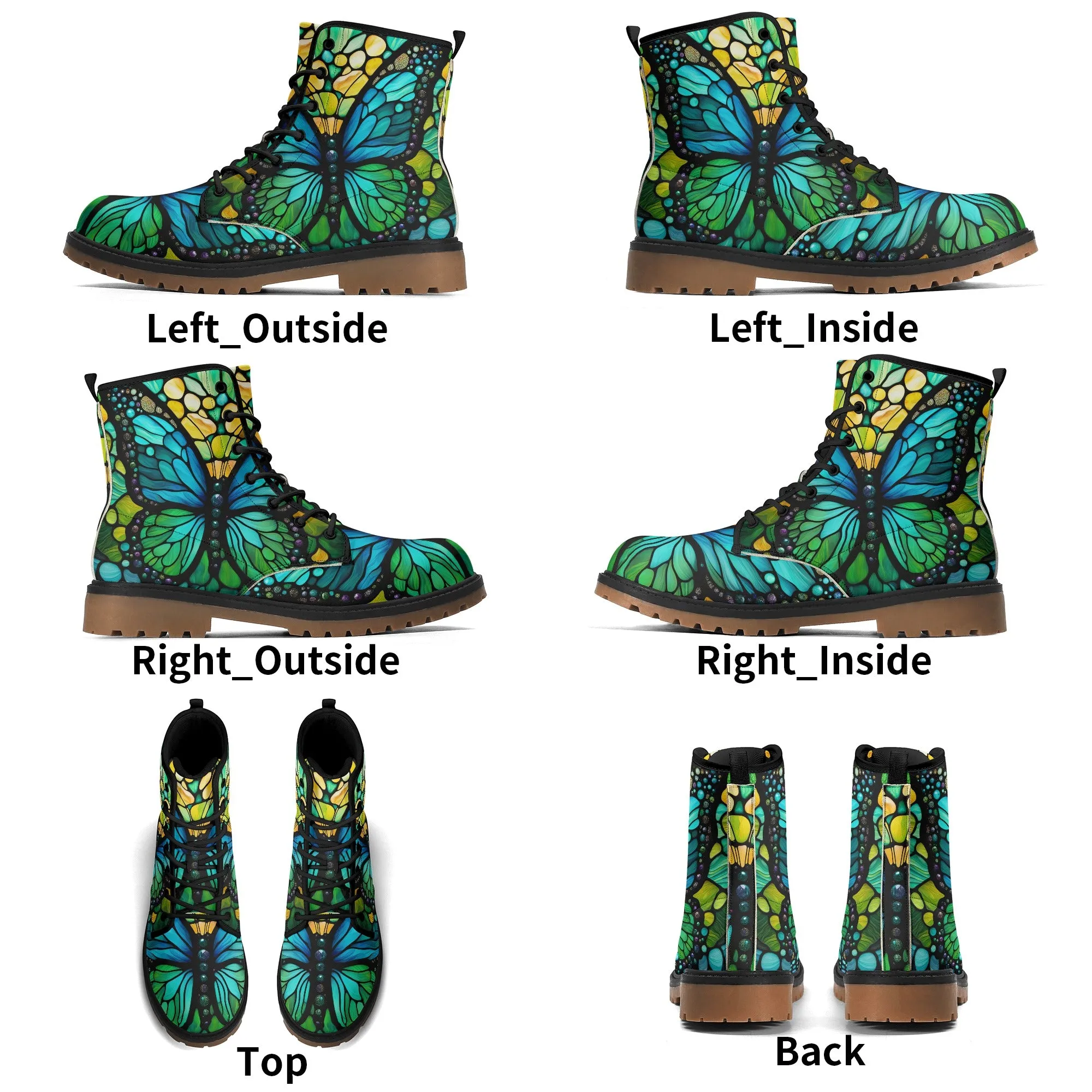 Blue Green Butterfly Stained Glass Womens Combat Boots