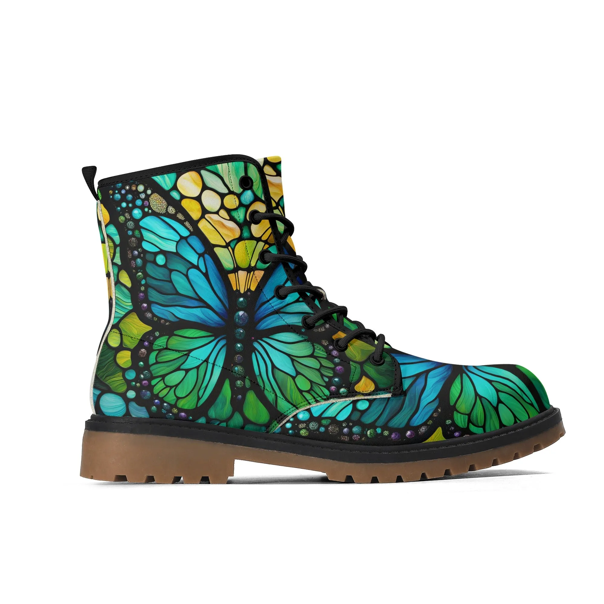 Blue Green Butterfly Stained Glass Womens Combat Boots
