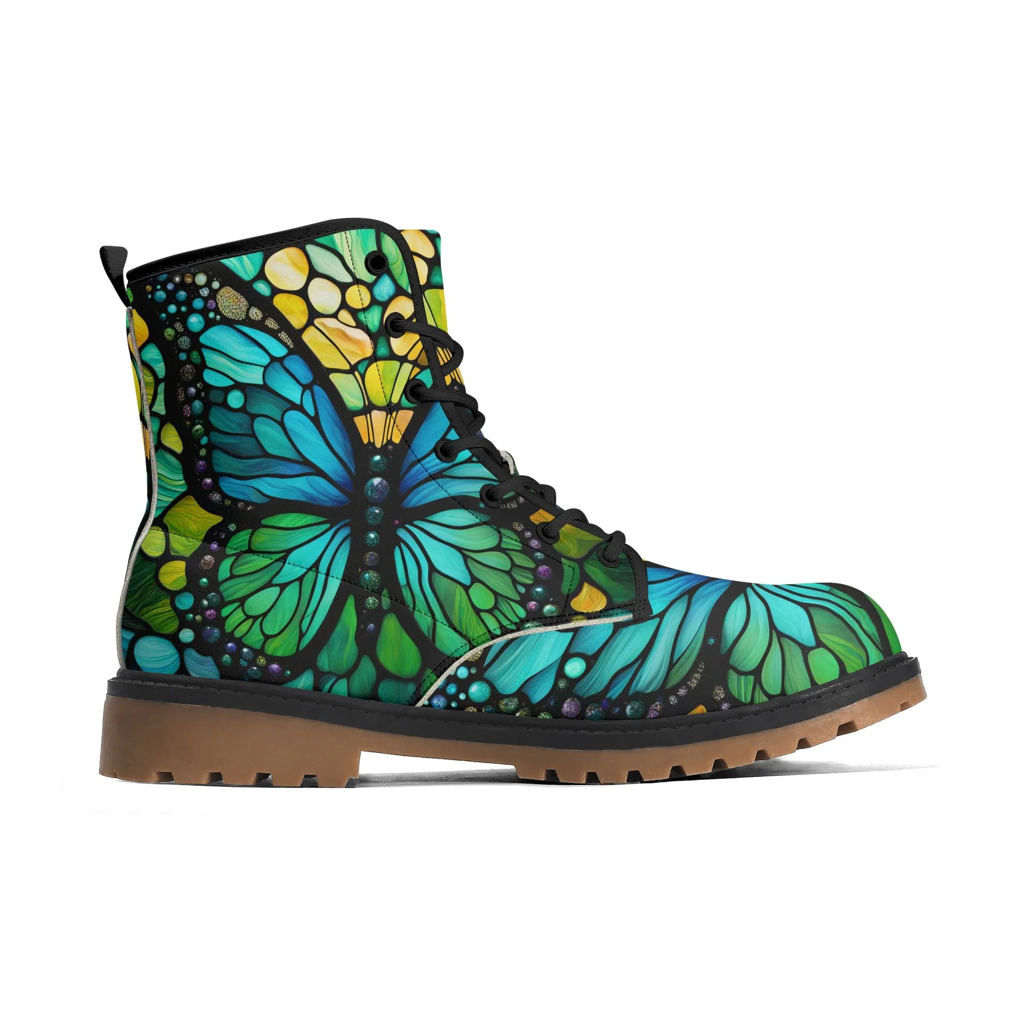 Blue Green Butterfly Stained Glass Womens Combat Boots