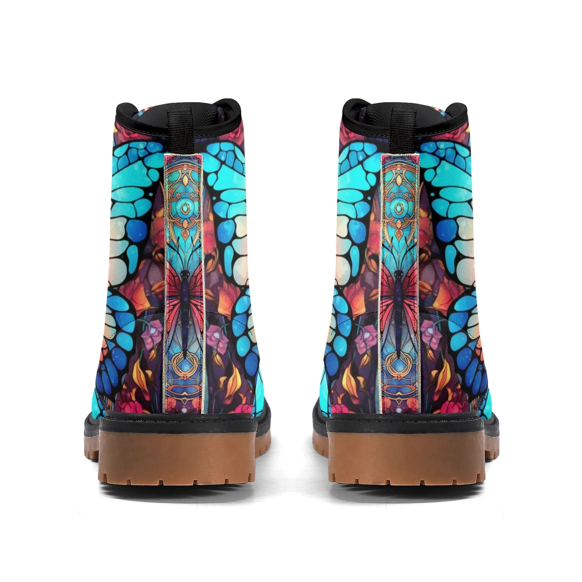 Blue Red Butterfly Stained Glass Womens Combat Boots