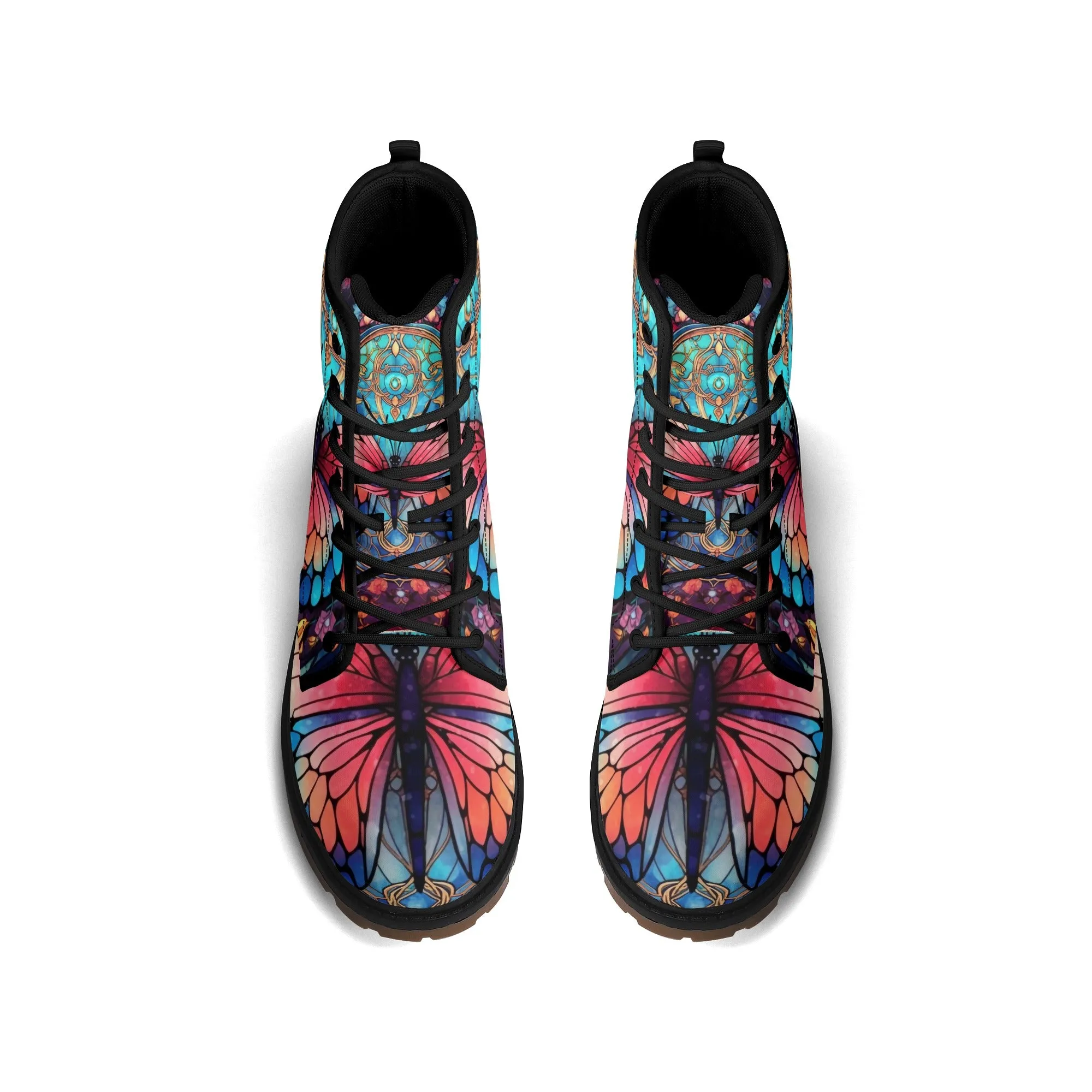 Blue Red Butterfly Stained Glass Womens Combat Boots