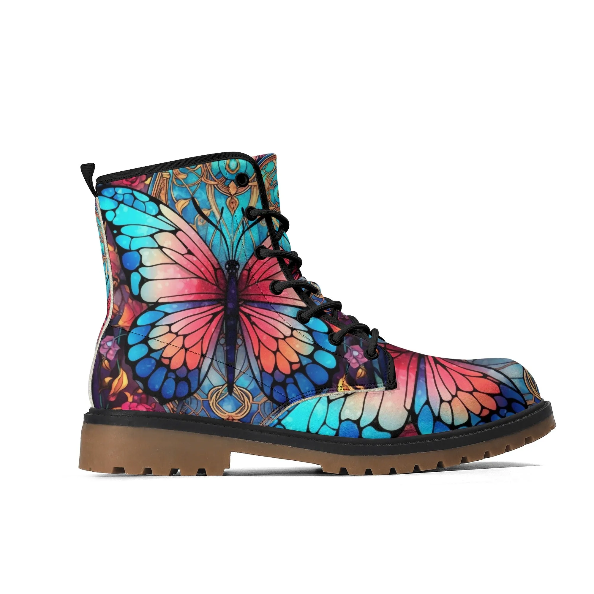 Blue Red Butterfly Stained Glass Womens Combat Boots