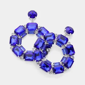 Blue Square Stone Open Circle Dangle Pageant Earrings | Evening Earrings |  631867