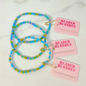 Blues and Greens Sprinkle Beaded Bracelet: Extended 7.25 inch