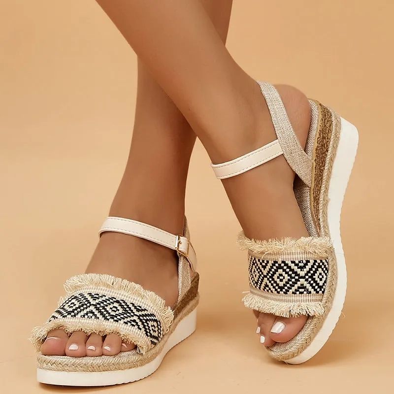 Bohemian Style Printed Wedge Sandals for Women Summer 2023 Non Slip Platform Shoes Woman Lightweight Casual Gladiator Sandalias