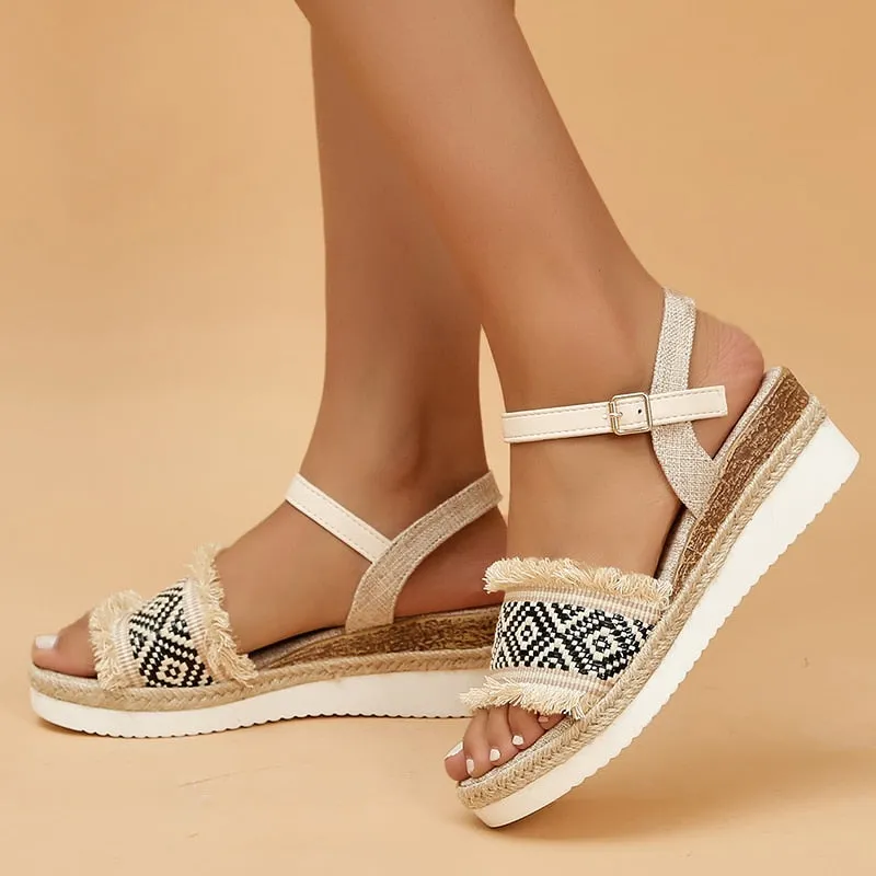 Bohemian Style Printed Wedge Sandals for Women Summer 2023 Non Slip Platform Shoes Woman Lightweight Casual Gladiator Sandalias