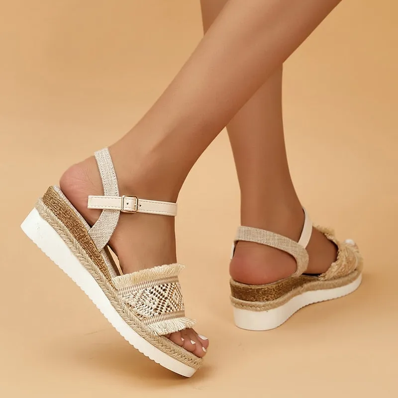 Bohemian Style Printed Wedge Sandals for Women Summer 2023 Non Slip Platform Shoes Woman Lightweight Casual Gladiator Sandalias