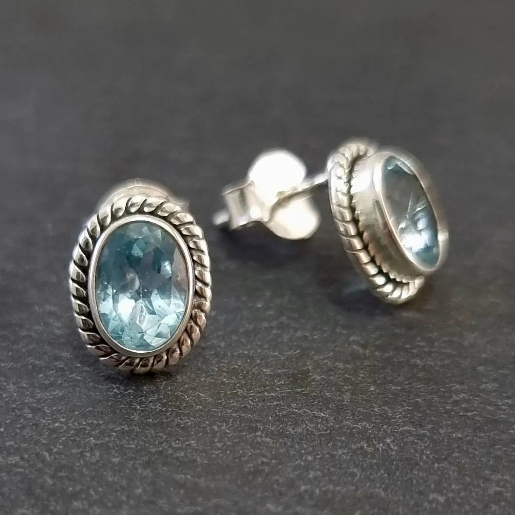 Boho Oval Blue Topaz Studs Earrings, 925 Sterling Silver, S4BT